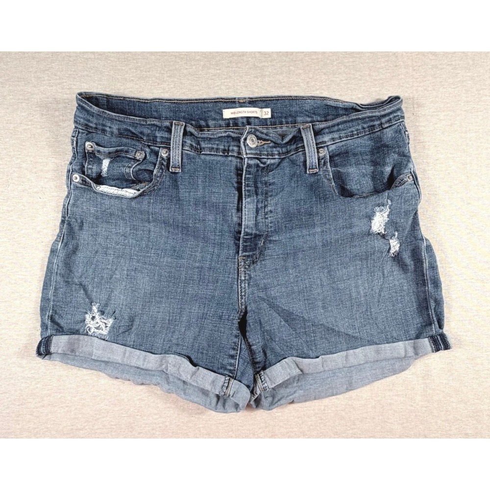 Levis Mid Length Denim Shorts Womens 32 Distressed Cuffed Medium Wash Blue
